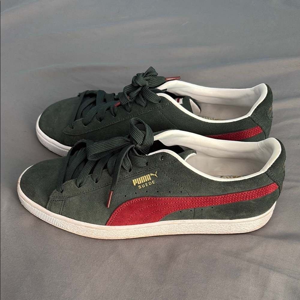 Puma Green and Red Suede Sneakers with Retro Design